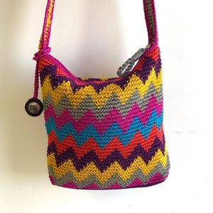 The Sak knit bag Chevron striped shoulder or crossbody purse Zip top Orange pink
